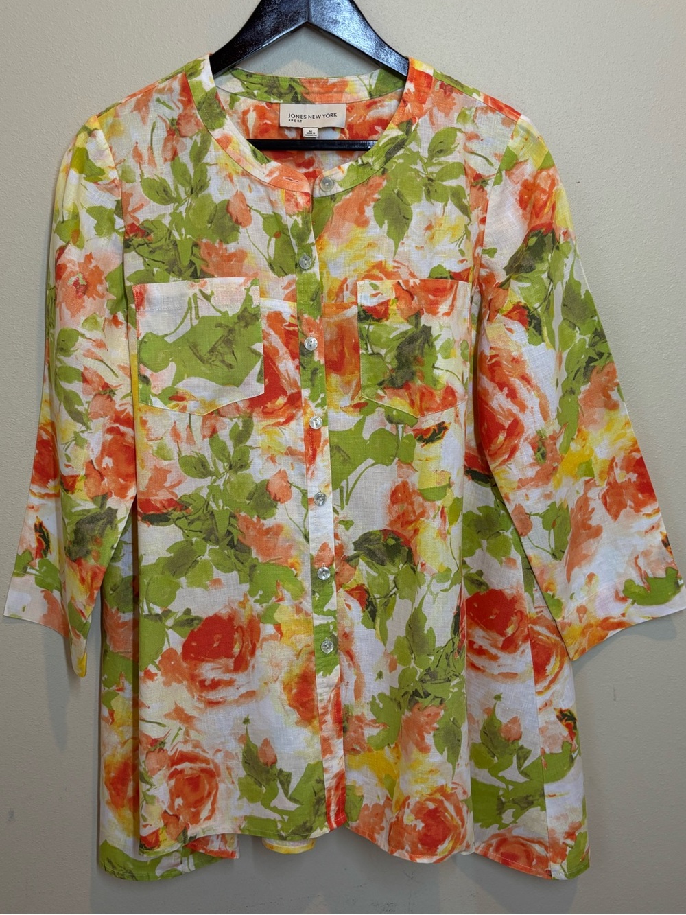 Jones New York 100% linen Floral Button-Up Tunic, 3/4 sleeve, medium